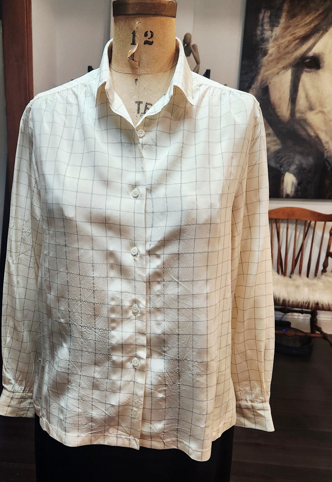 Vintage Hermès Paris Silk Blouse – Size 46 – Cream W/ Black – Luxury Designer