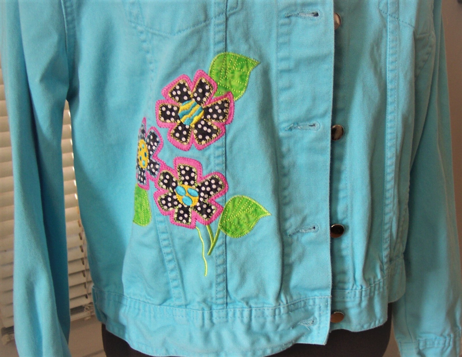 vintage turquoise aqua denim appliqued embroidered jean jacket mod hippy lg 80s