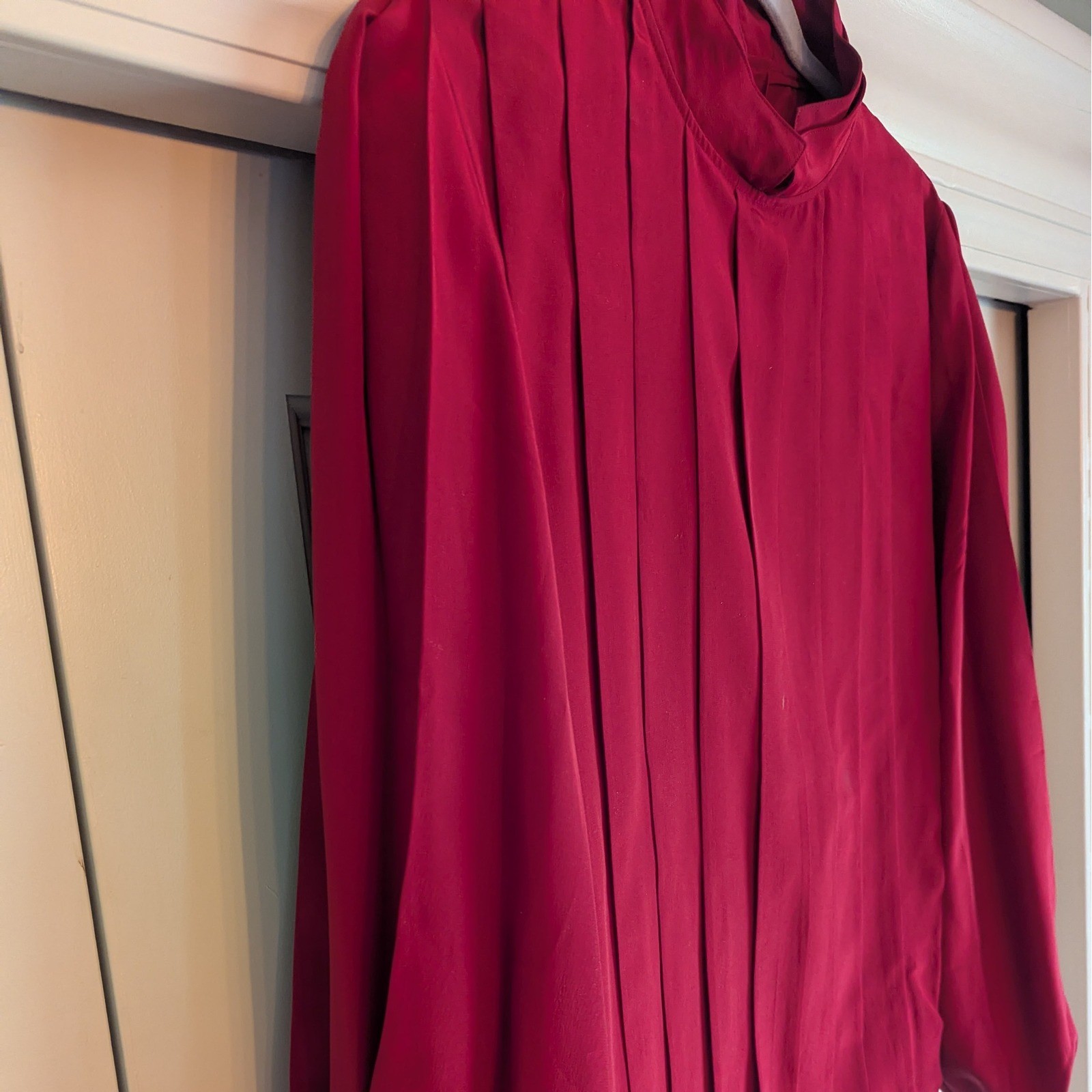 Vintage Silk Blouse Red Pleated High Neck Long Sleeve Elegant Top
