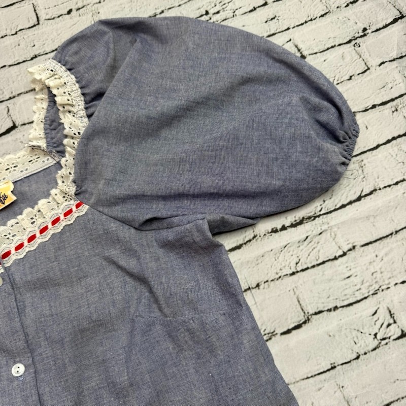 Vintage Jeri Bee Square Dance Cottagecore Lace Collar Western Blouse Top Blue