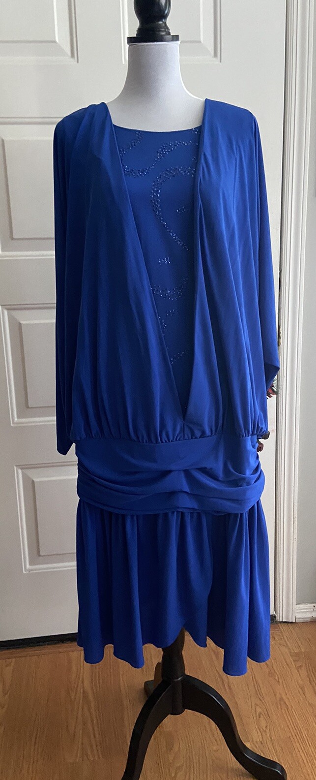 Vintage 1980s Claudia Cooper Royal Blue Dolman Batwing Drop Waist Dress Size 16