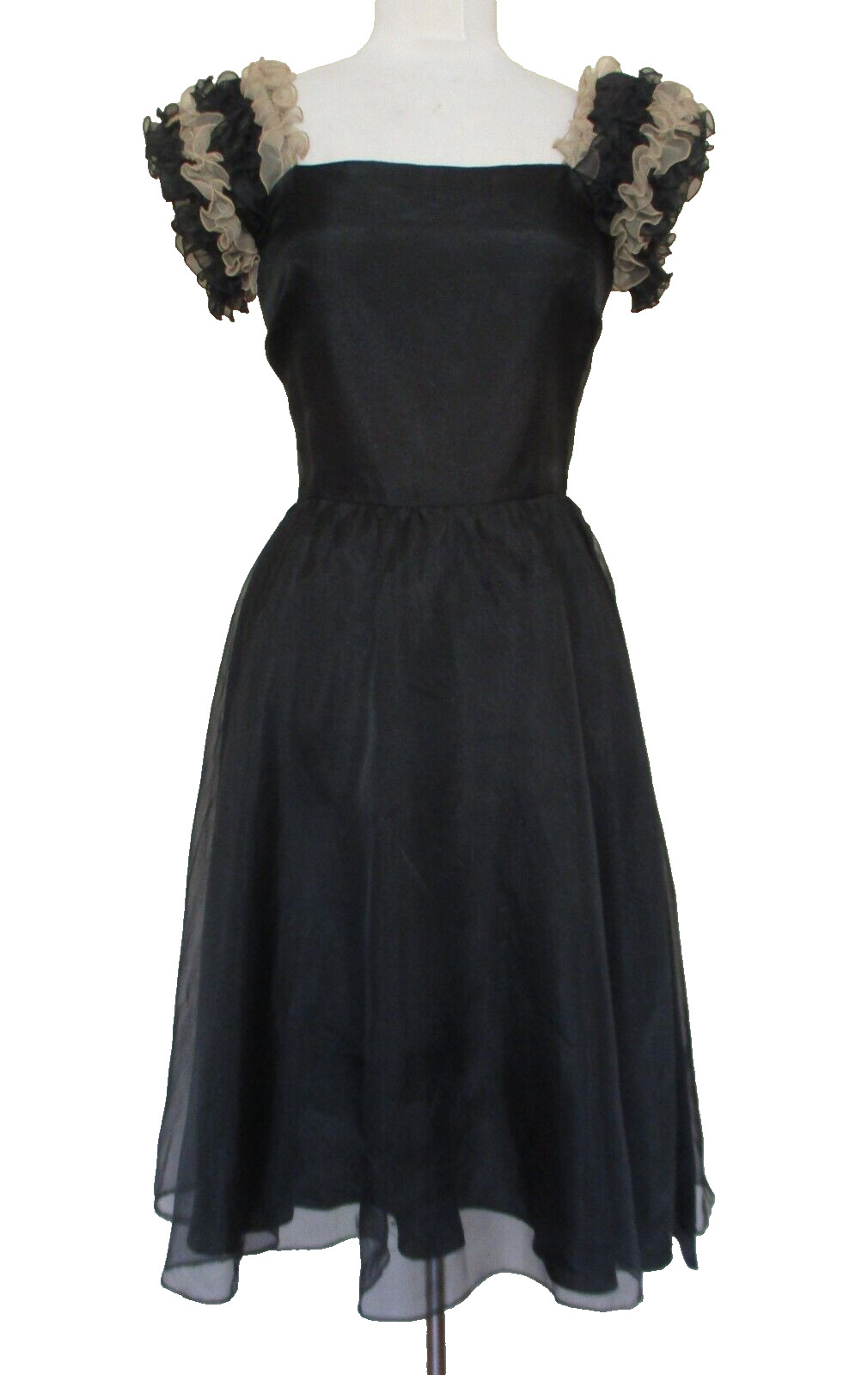 Vintage Cha Chez Dress XS Women Black Polyester Ruffle Sleeves Fit And Flare