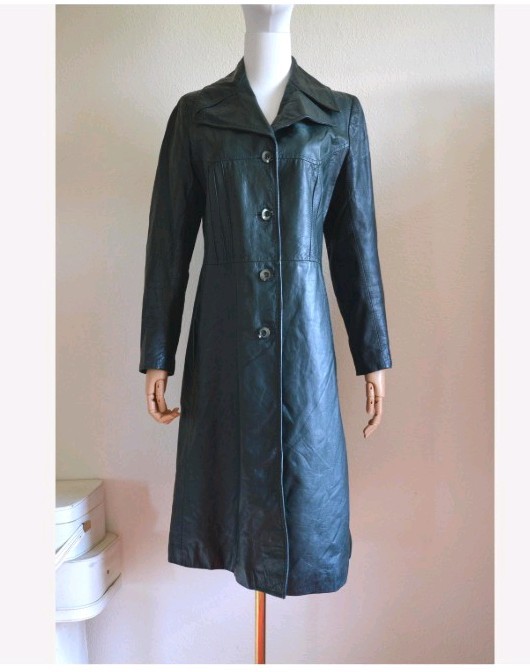 Vintage 1970s forest green Leather Trench Coat dark green 70s boho long retro S