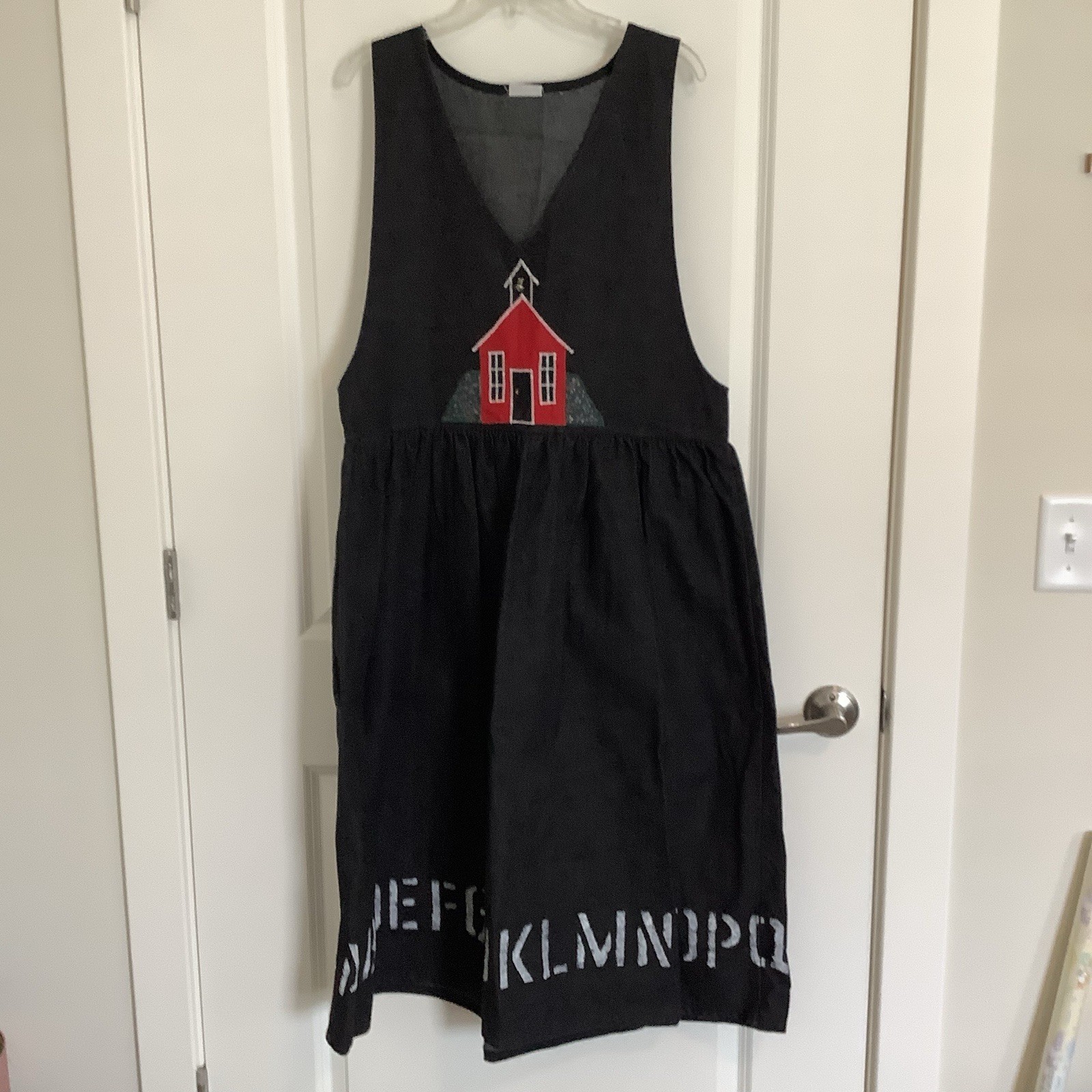 Vintage Black Denim Teacher Jumper With Red Schoolhouse And White Alphabet