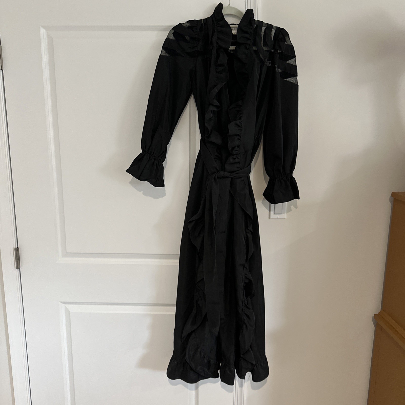 Vintage 80s Christian Dior Black Satin Netting On Top Belted Robe Size Medium