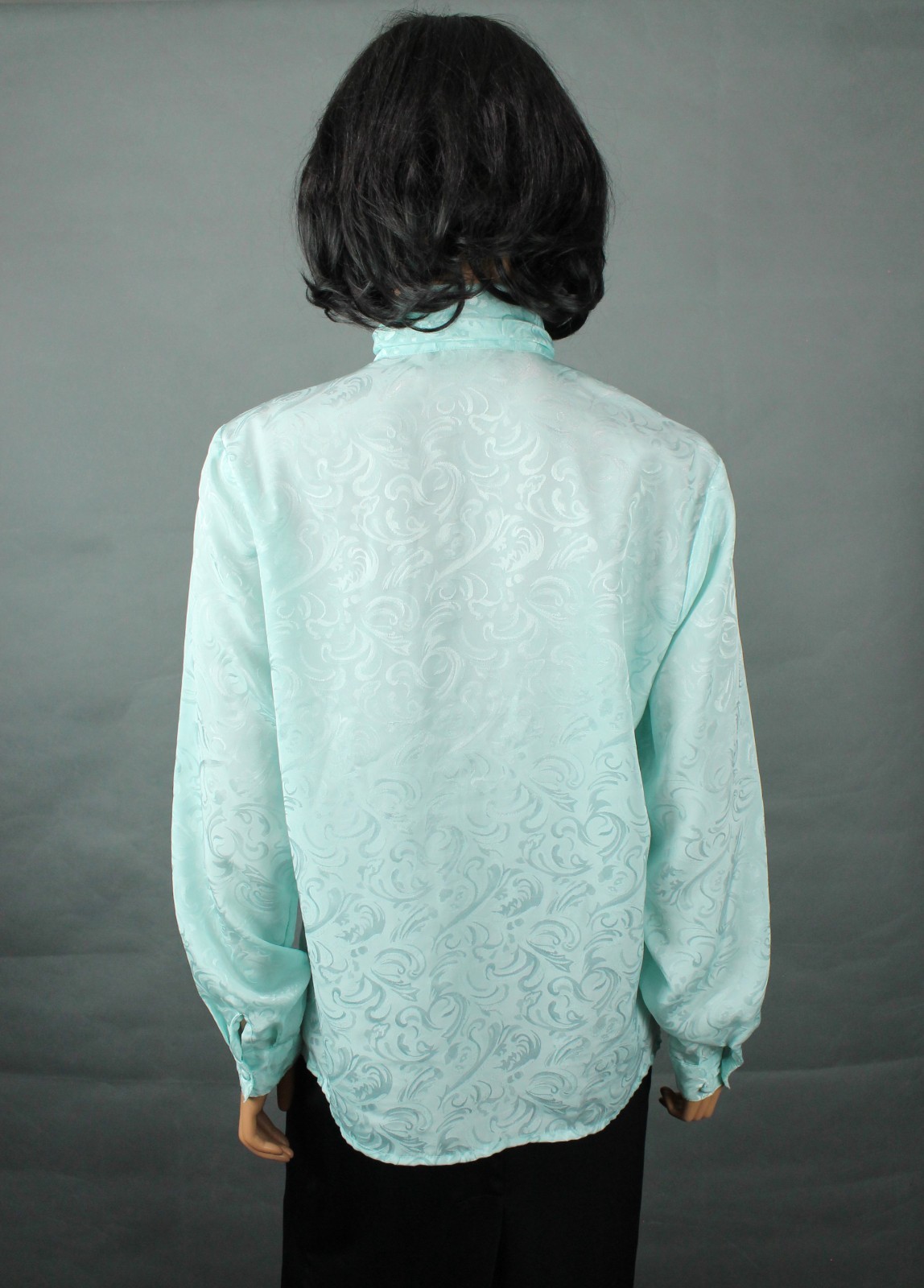 Turtleneck Blouse Sz 10 M Vintage Aqua Blue Pastel Shiny Brocade Dress Shirt