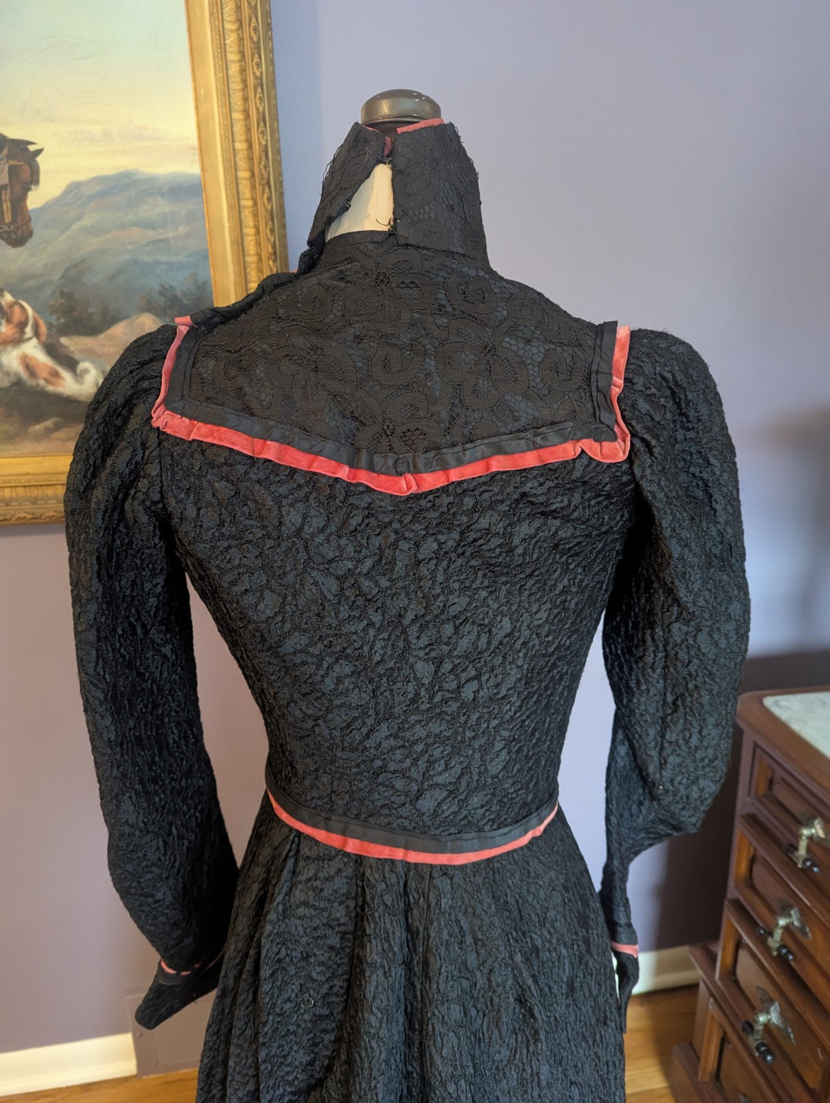 Antique Victorian Edwardian ca 1890’s – 1900 2 Piece Dress Velvet Rose and Trim