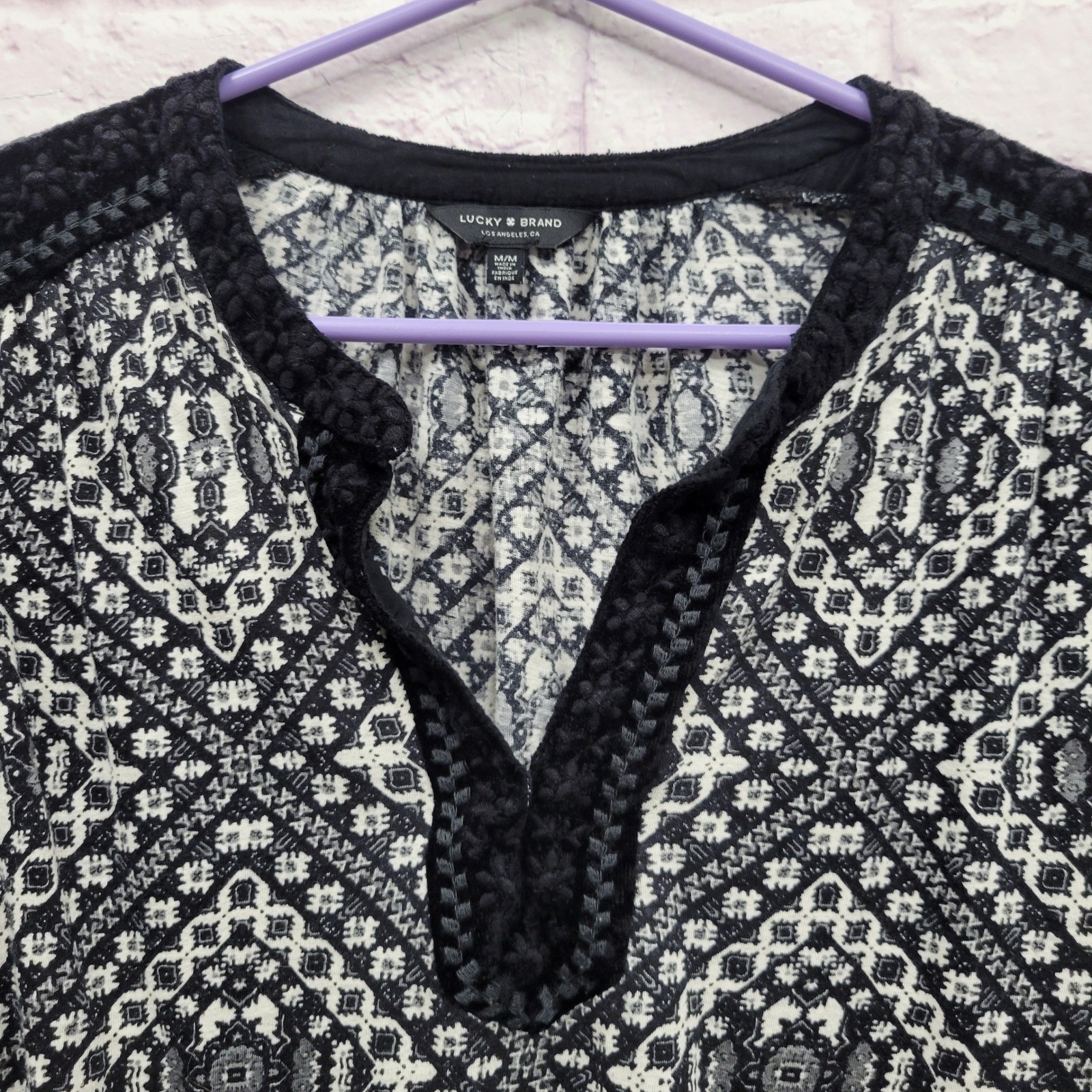 Lucky Brand Boho Geometric Medallion Blouse M Bell Sleeve Hippie Cottagecore