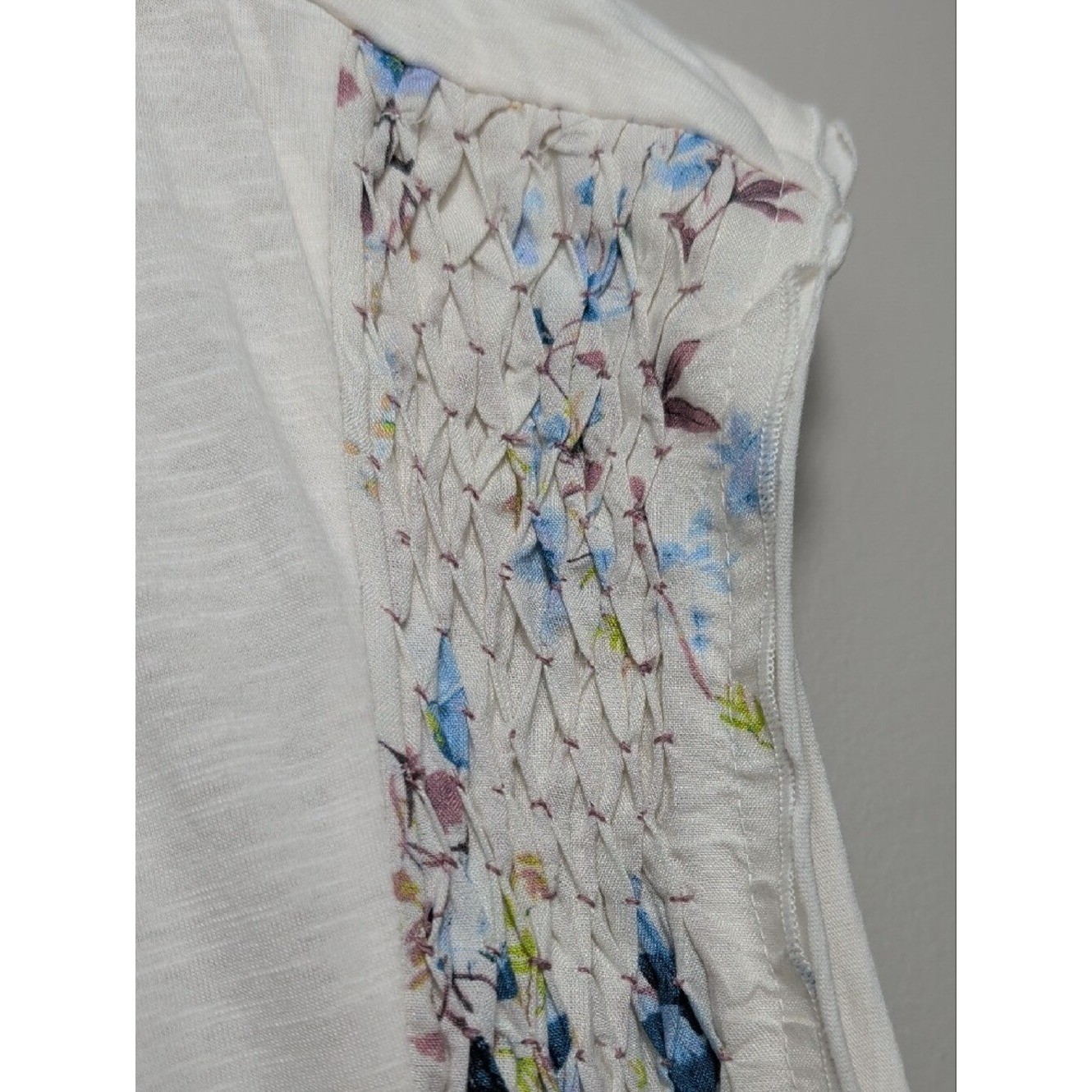 ANTHROPOLOGIE Smocked Swing Tee White Blue Floral Oversized Top Size Small Boho