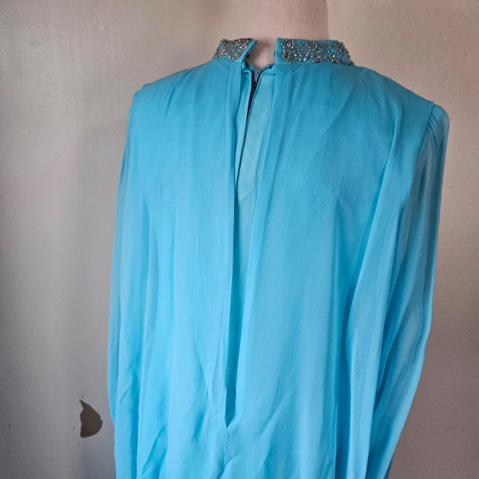Vintage 70s Blue Disco Diva Stage Chiffon Sheer Overlay Maxi Dress Gown Beaded M