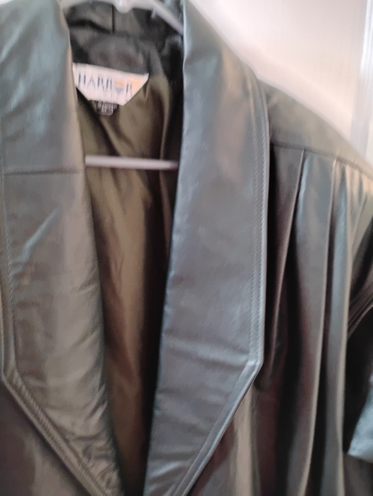 Vintage 80s Harbor Dark Green Leather Jacket Oversized Shawl Collar Coat Medium