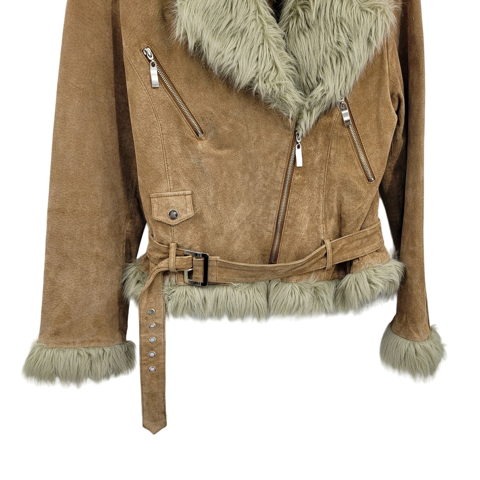 Vintage 80’s Wilson’s Leather Jacket Tan L Belted Faux Fur Trim Snow Bunny
