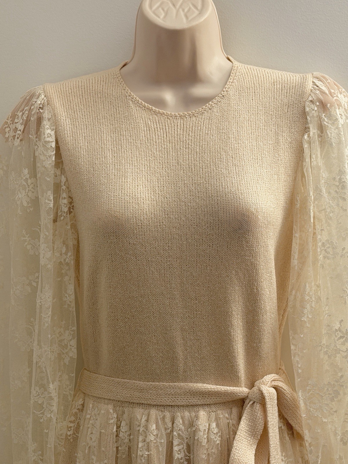 PAT SANDLER FOR WELLMORE VINTAGE PINK SANTANA KNIT IVORY LACE DRESS 8 MEDIUM M