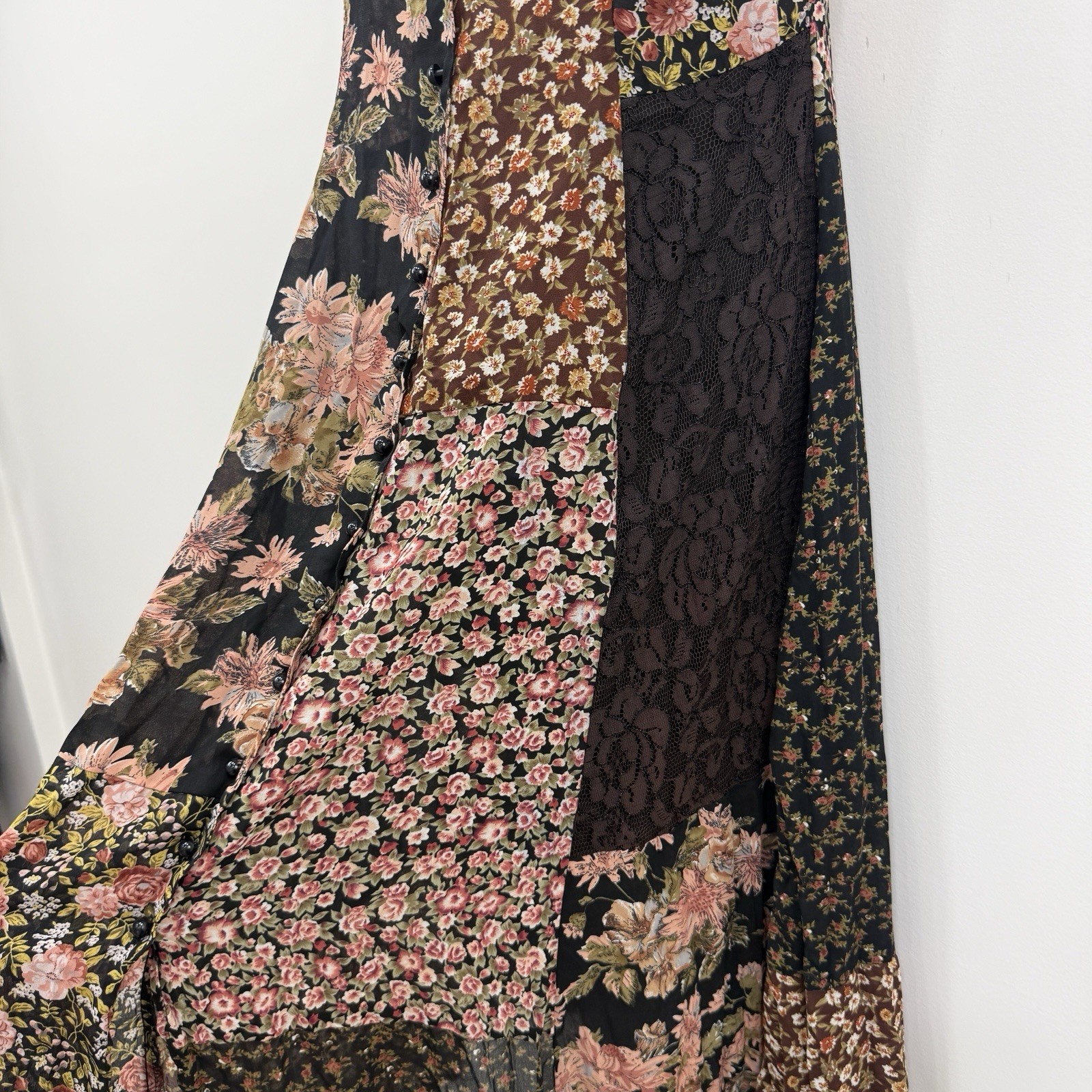 VTG 90s Express Patchwork Maxi Dress M Country Prairie Cottagecore Forest Fairy