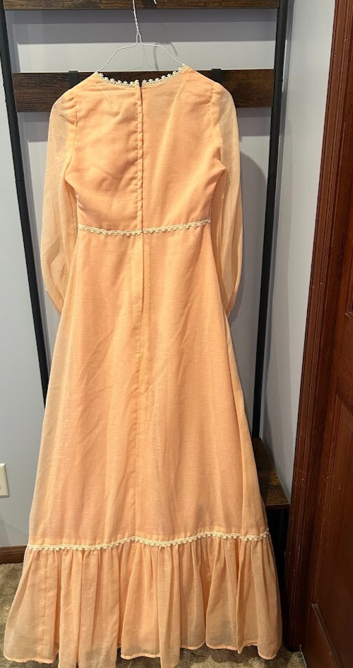 VTG Romantic Cottagecore Fairycore Boho Prairie Dress White Trim Peach Sz XS-S