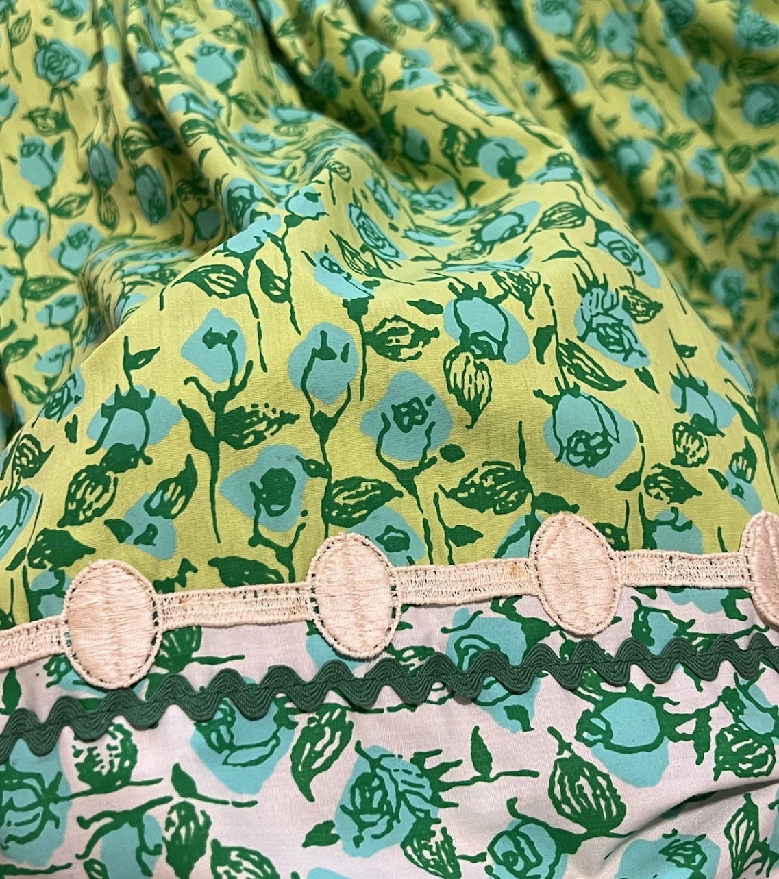 Vintage 1960s Lilly Pulitzer Dress Blue & Green Florals Rickrack Trim Tie Back