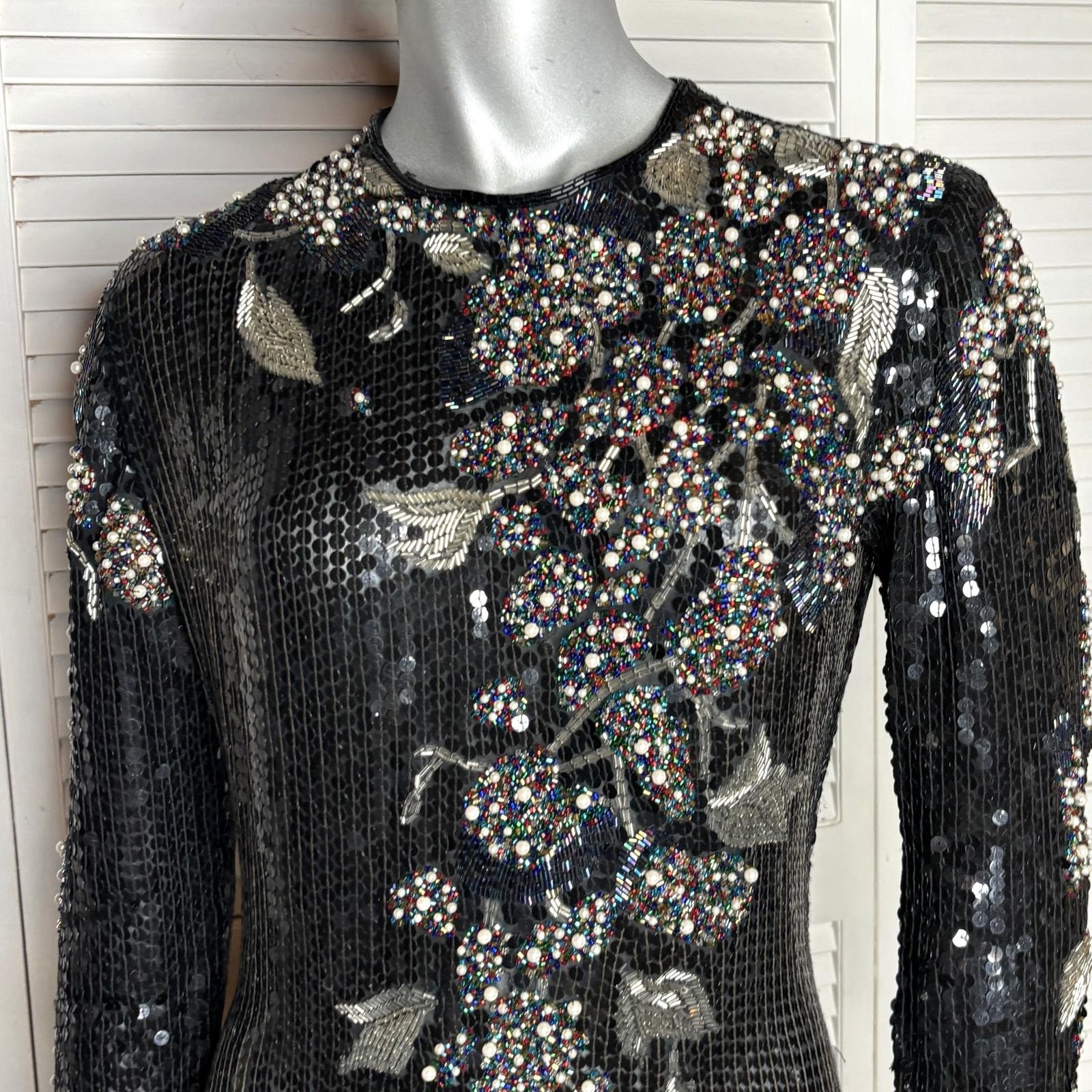 Vintage 90s RIAZEE Couture Black Beaded Sequin Silk Evening Gown Formal Dress 6