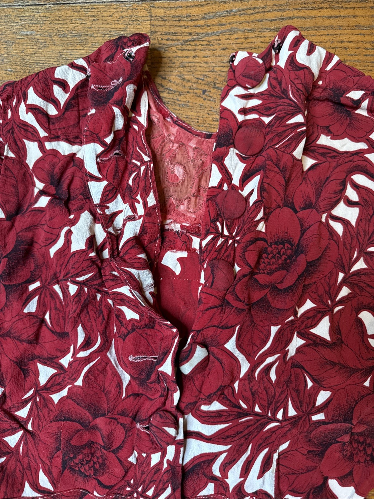 Antique 1930s Cranberry Floral Crepe Dress – Appliqué Netted Yoke – Back Buttons