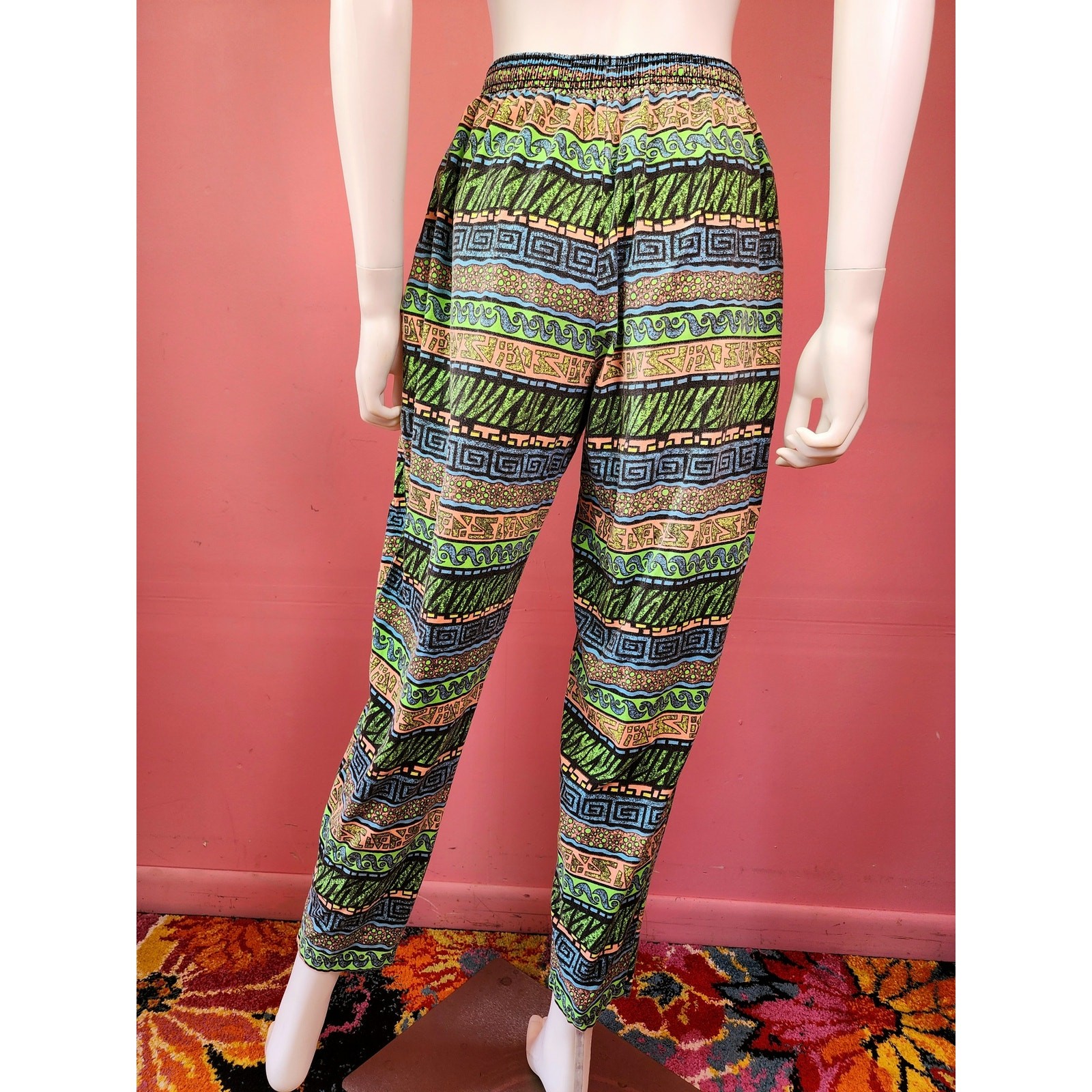 Vintage 1980’s/1990’s JoJo Green Pink Abstract Surfer Muscle Parachute Pants