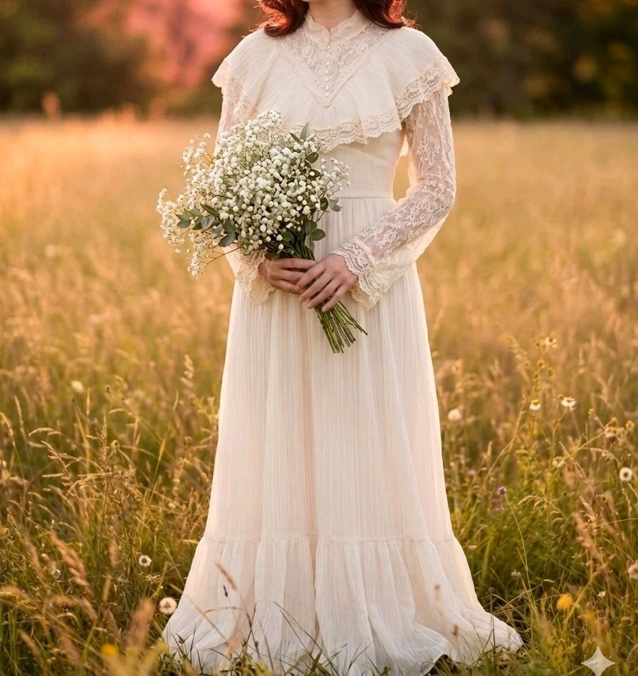 VTG 70s Prairie Maxi Dress Ivory Lace Victorian Revival S Boho Cottagecore Bride