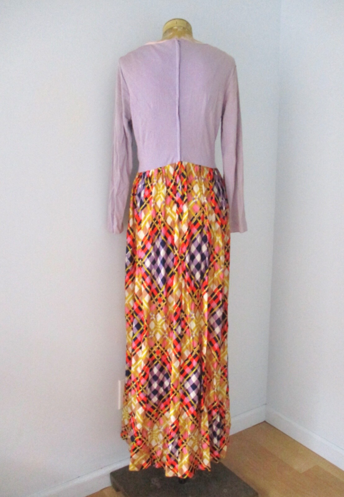 Vtg 70s purple pink diamond sparkly ribbon trim silky knit hostess maxi dress 14