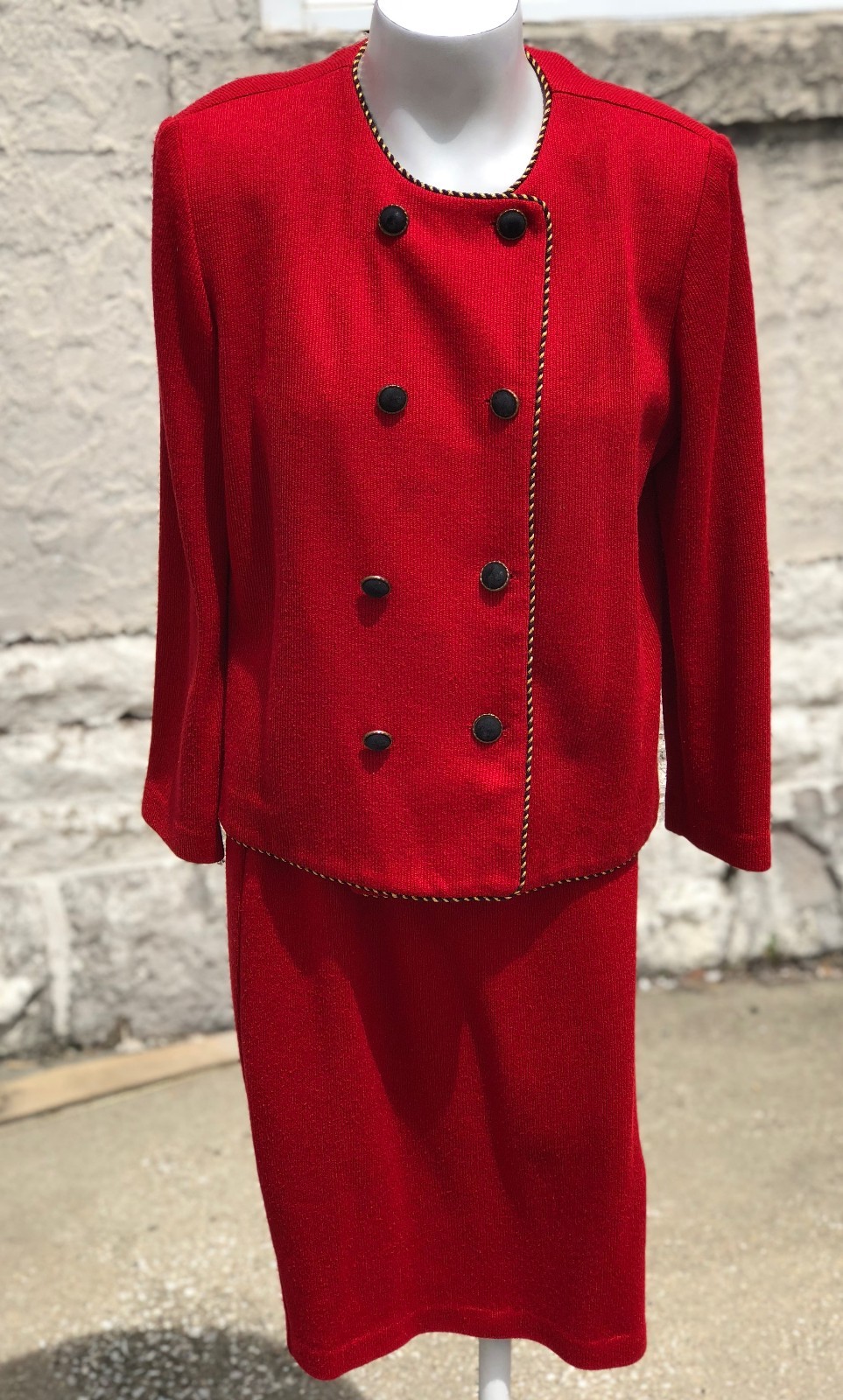 Vintage 2 pc Red Gold Knit Jeffery & Dara Linda Hutley Business Skirt Suit 11 12