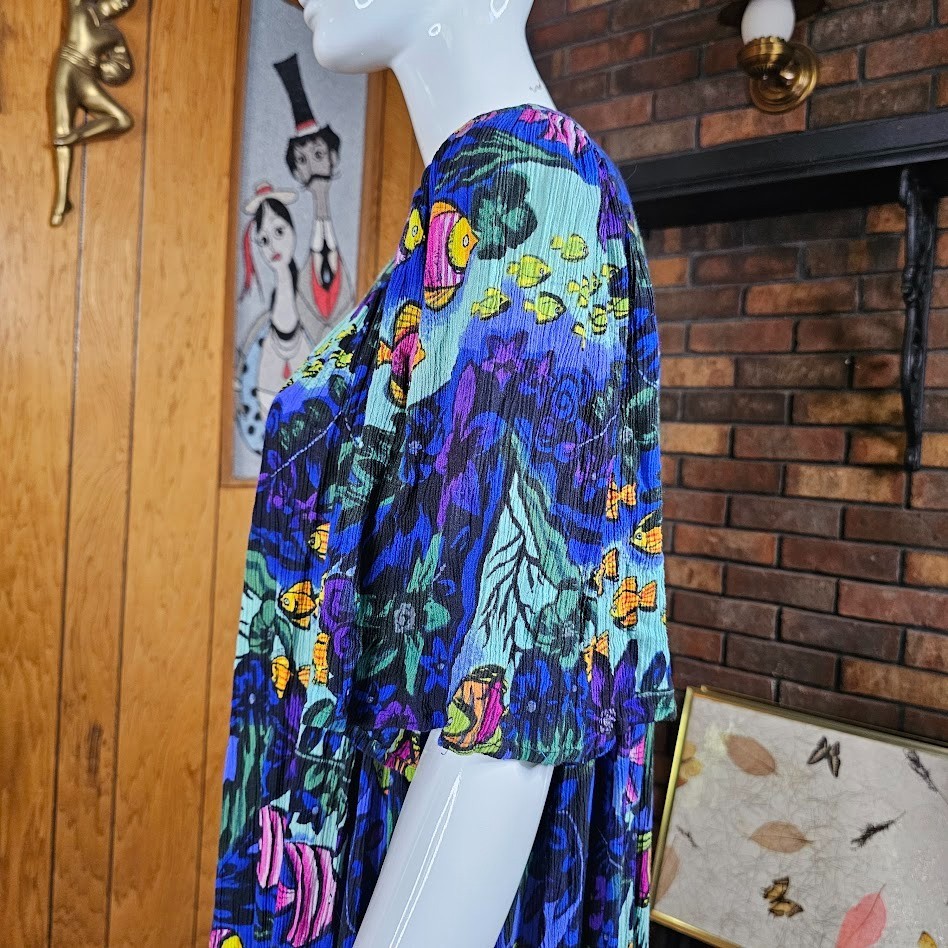 Vtg Mrs. Roper Lounge Caftan Volup Muumuu Tropical Fish Patio Pool Dress L/XL