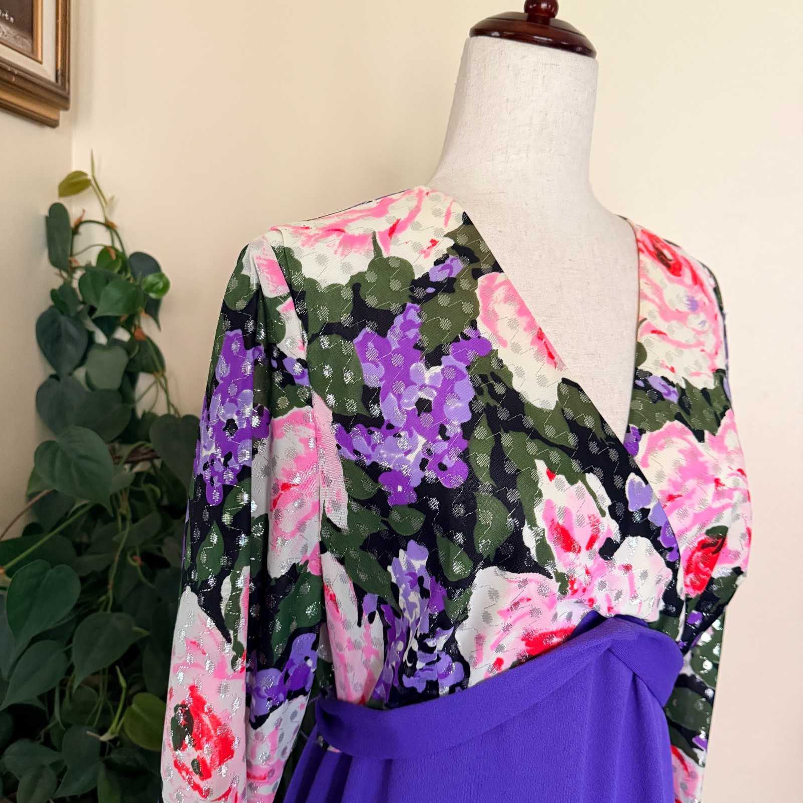 Vintage Purple Floral Hostess Gown Empire Waist Maxi Dress Silver Lurex Dots