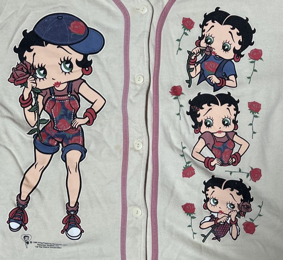 Vintage 1995 Betty Boop Graphic White Pink Baseball Jersey Button-Up Shirt Sz XL