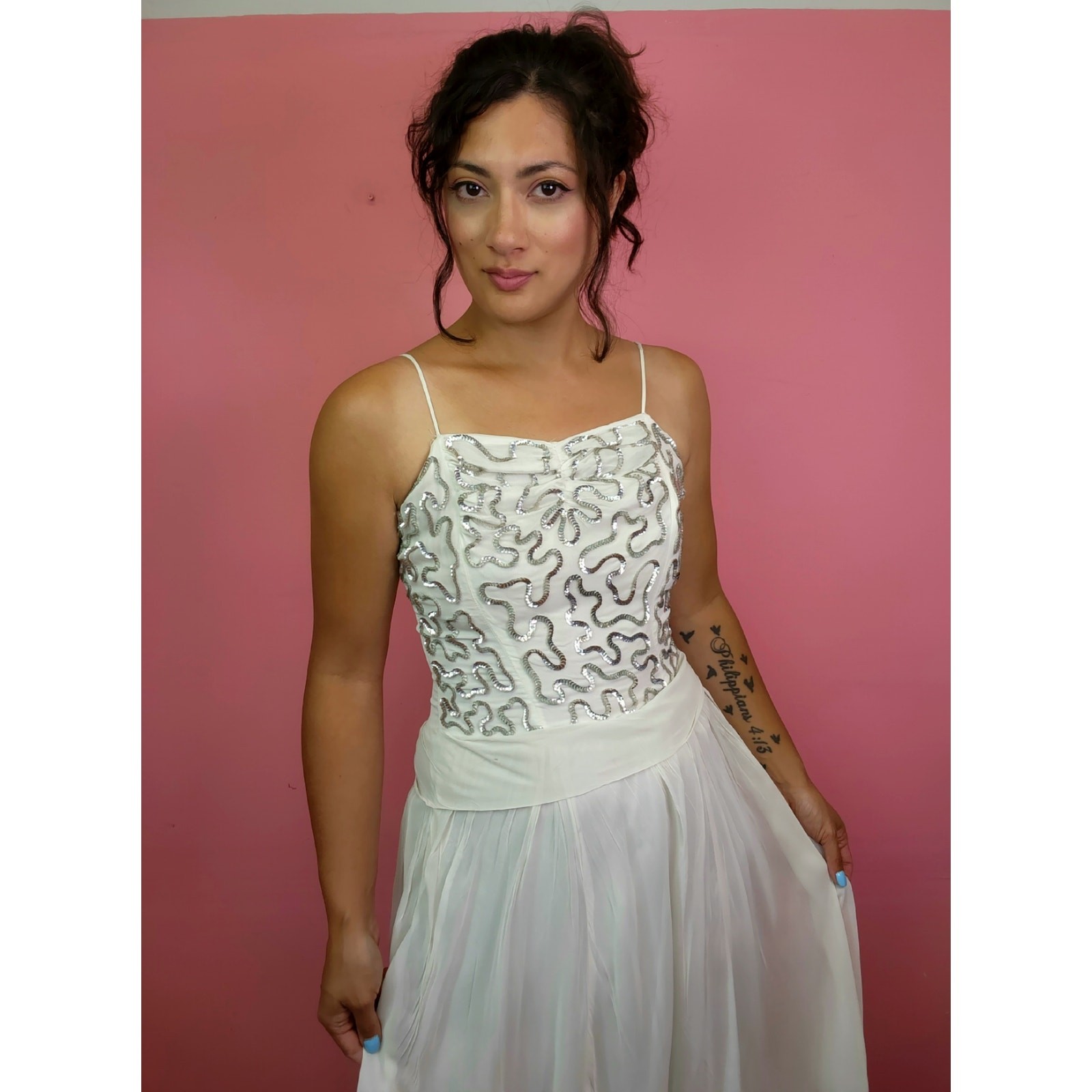 Vintage Late 1940’s White and Silver Sequin Bodice Chiffon Gown with Bow Back