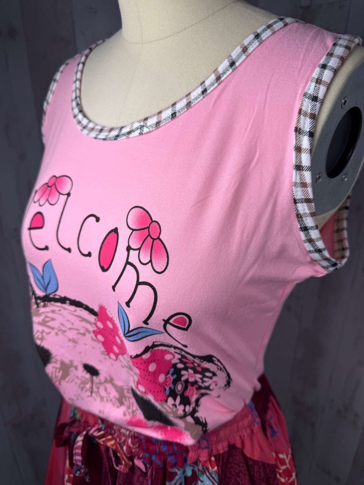 Vintage 1980s Patchwork Skirt Elastic Waist Hot Pink/Magenta +Free Bonus Top M/L