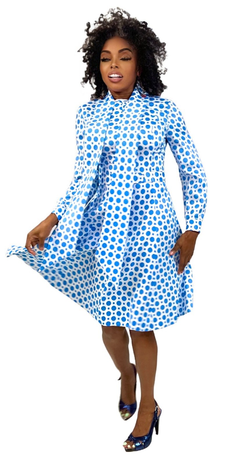 Ivan Fredericks VTG 70s Blue White Polka Dot Pussy Bow Dress Secretary Mad Men S