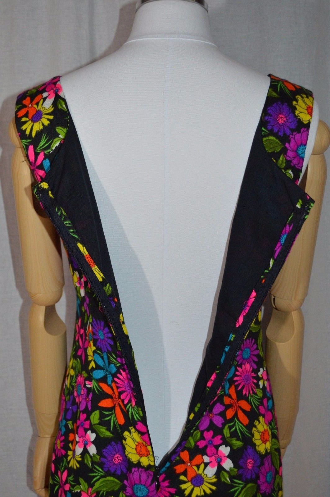 Vintage Black Multi-Color Floral Hand-Made Hawaiian Long Dress See Measurements