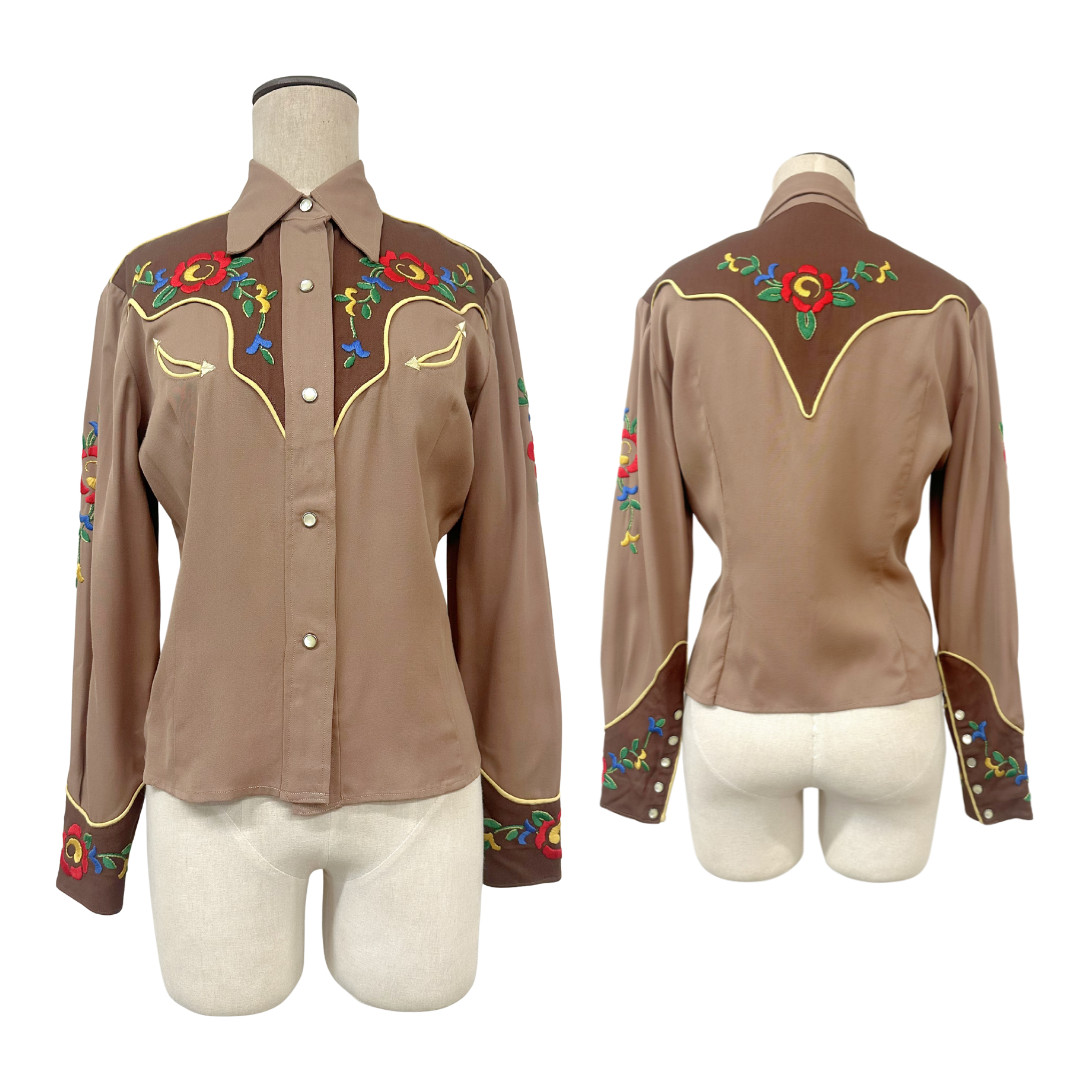 Vintage 1940s Western Primary Floral Embroidered United Carr Pearl Snap