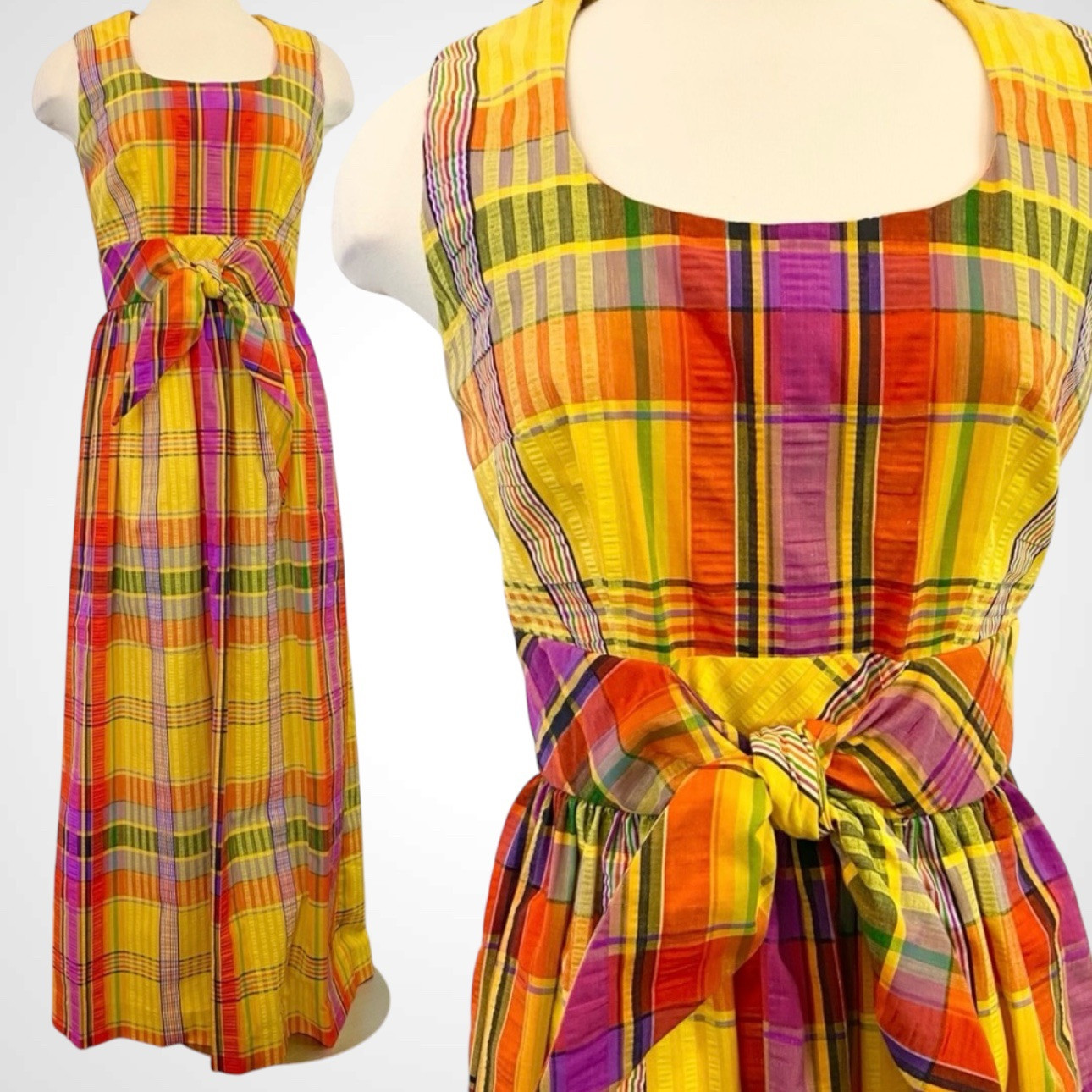 Vintage SWIRL Concept 70s Yellow Orange Madras Plaid Maxi Gown Long Column Dress