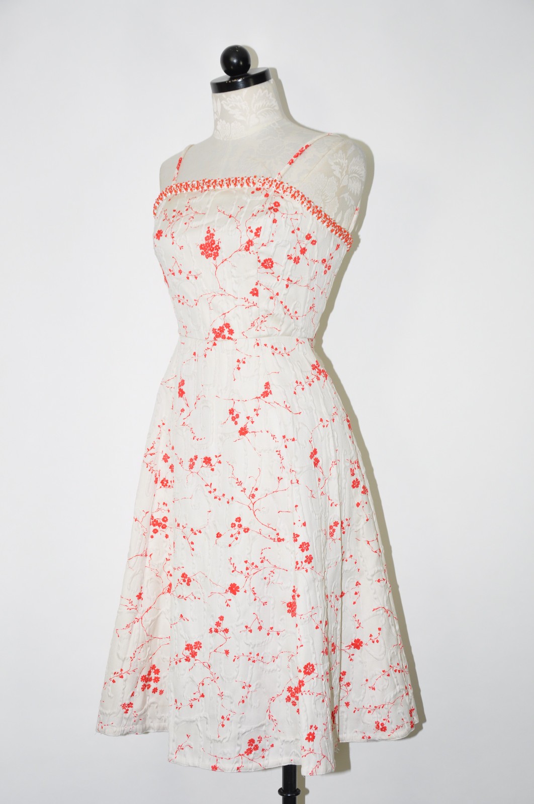 50s Vintage White Red Cherry Blossom Beaded Straps Full Skirt Day Dress Women XS