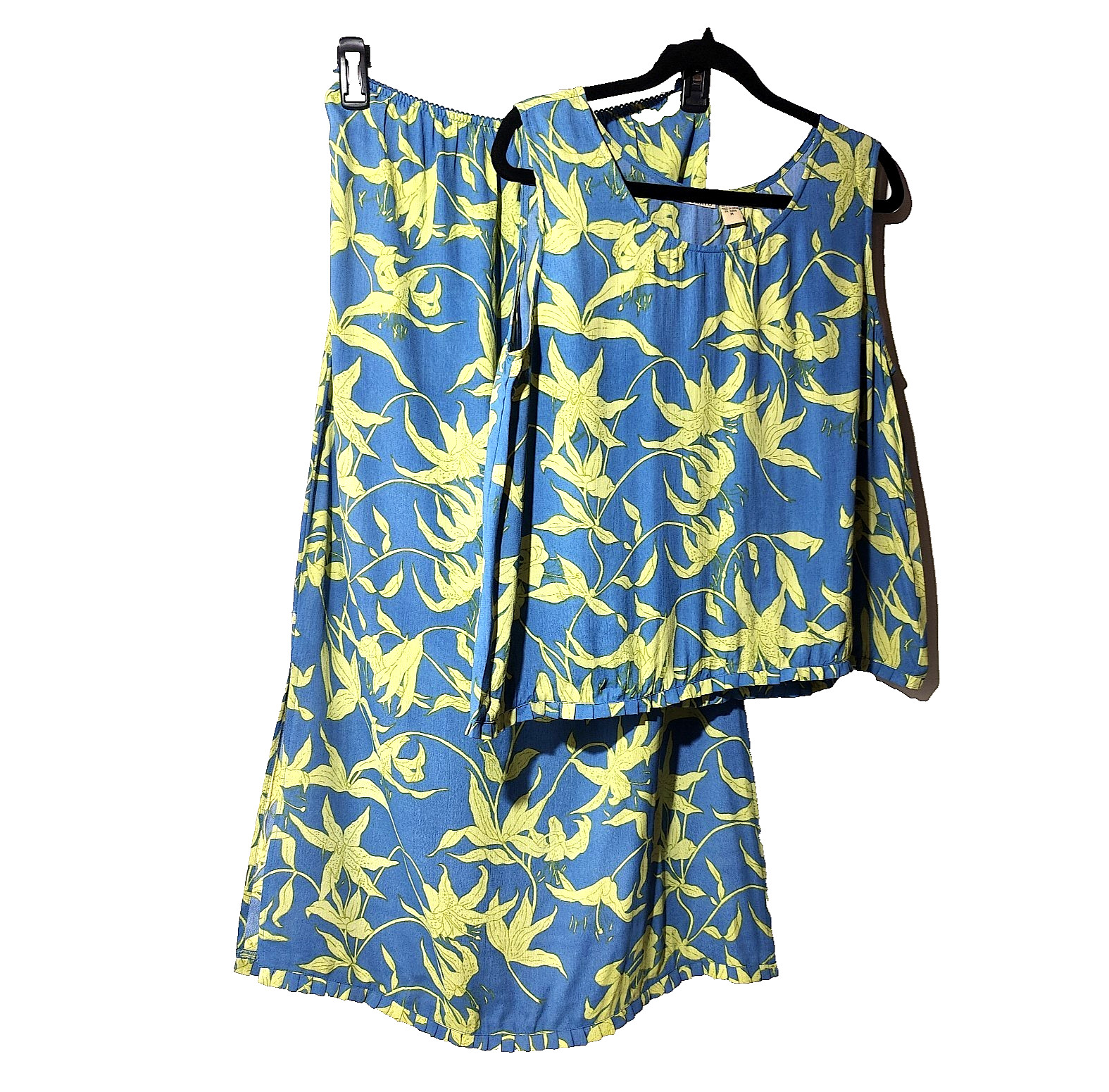 PUTUMAYO VTG Midi Skirt + Tank Top Set M Tropical Floral Beachy Pleated Hems