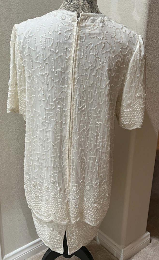 Brilliante by J.A. IVORY/CREAM Sequin Beaded Formal Party Silk Dress Petite Larg