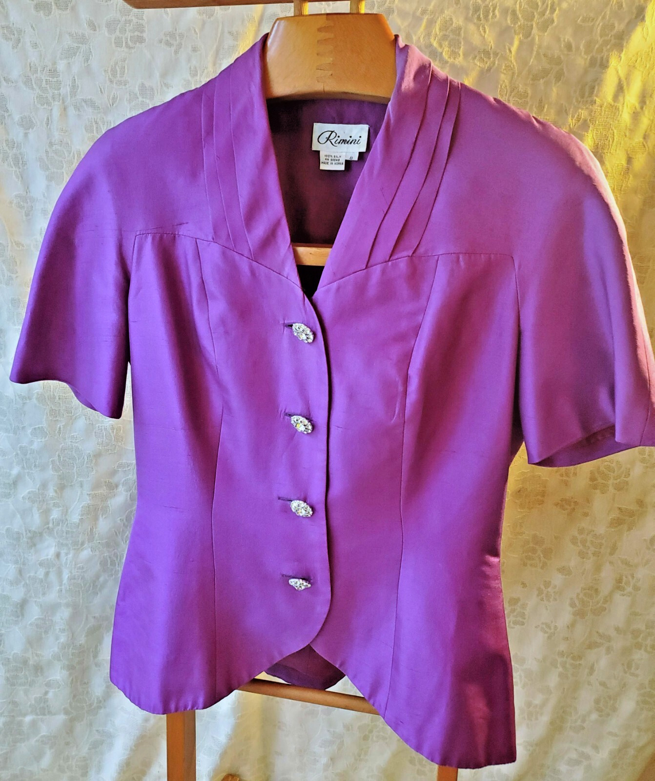 Sz 8 Vntg Fitted Rimini Purple Raw Silk Suit Jacket Dress Top Rhinestone Buttons