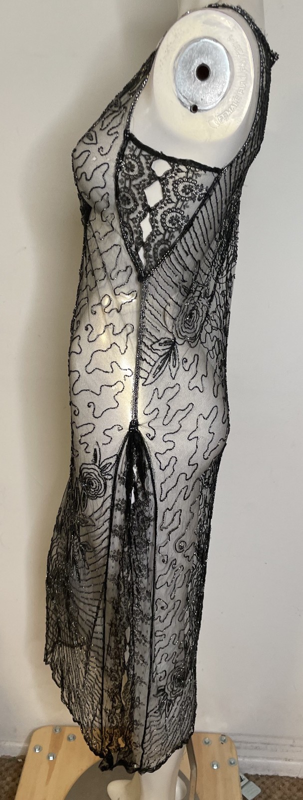 Antique 30s Art Deco Black Lace Sheer Beaded Dress S XS Floral Holes