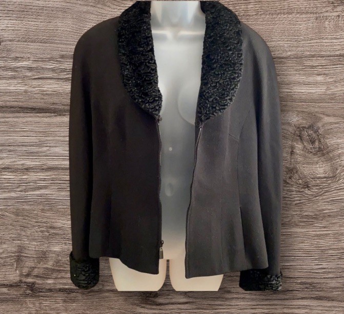 80s Herbert Grossman Black Wool Blazer Persian Lambskin Collar Cuff Zip Jacket