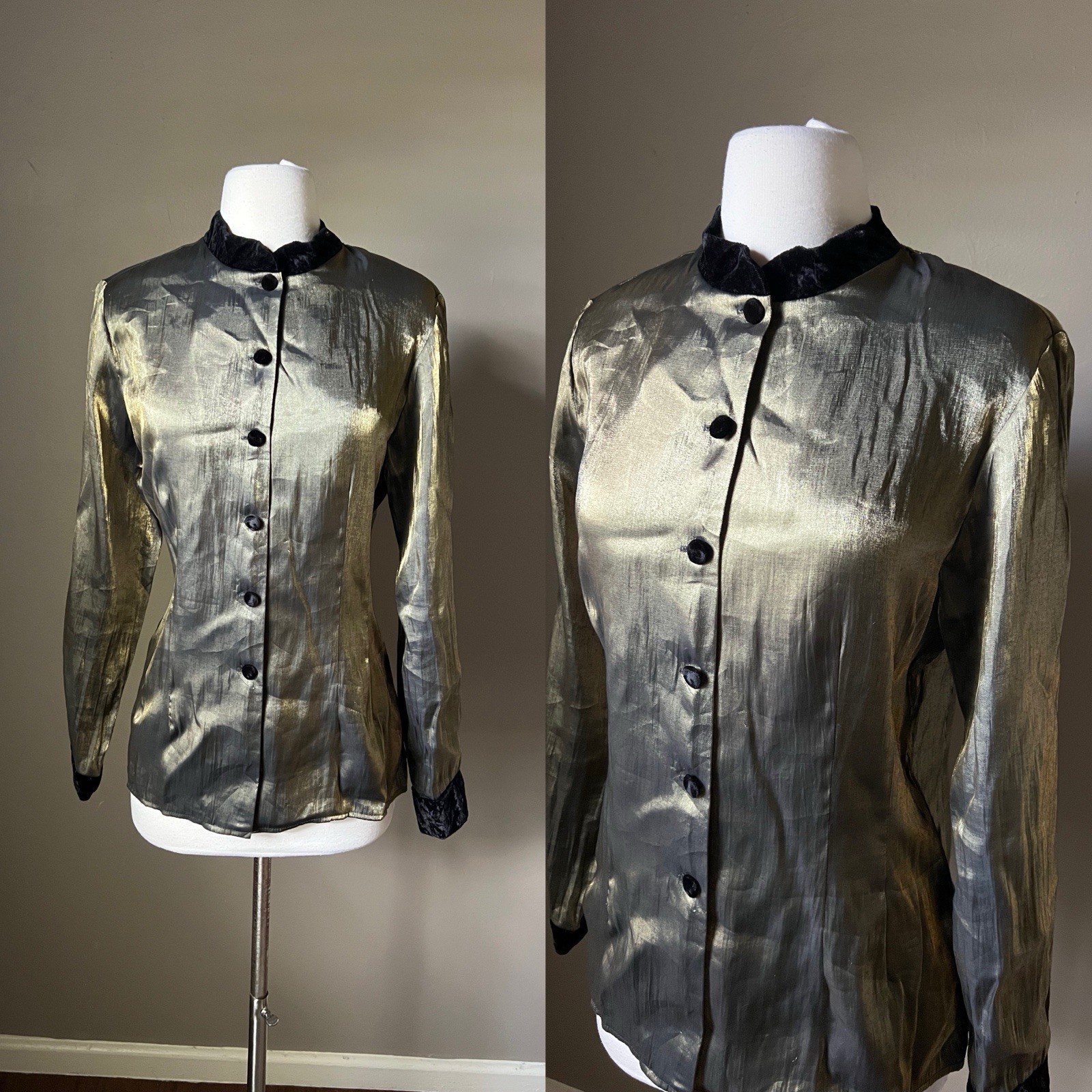 Vintage 90s Evening Blouse Shirt Long Sleeve Metallic Black Gold Mandarin Velvet