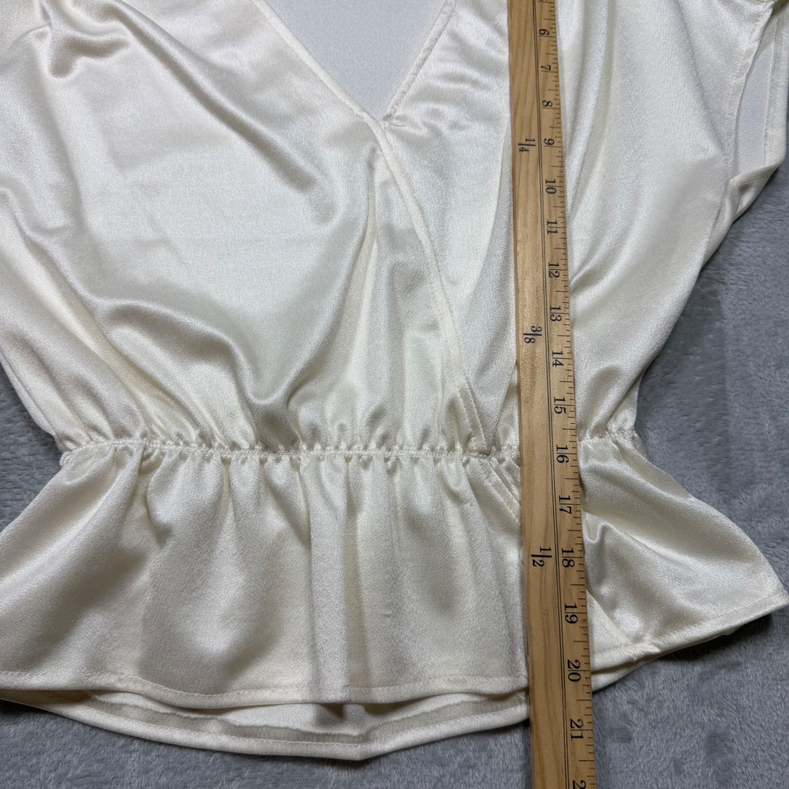 Vintage 80s Off White Synthetic Satin Peplum Blouse Surplice V-Neck Top Size S