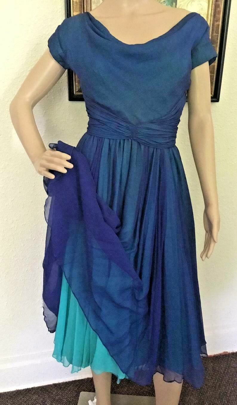50’s Vintage Blue Layered Chiffon “ Hannah Troy” Formal Dress