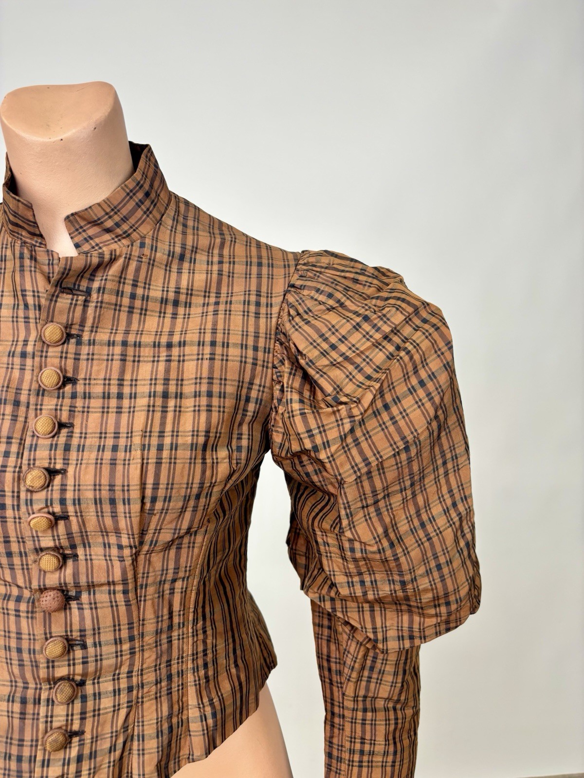 Antique Victorian 1890 Jacket Bodice Leg of Mutton Sleeve Brown Black Plaid Silk