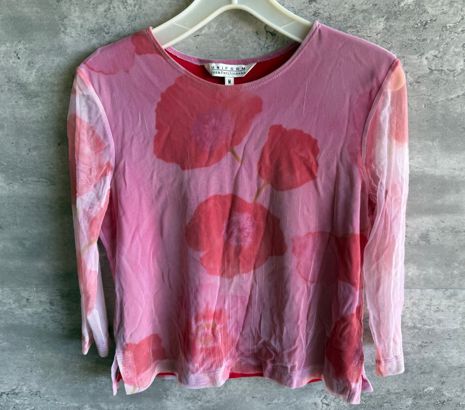 Vintage 1990s Y2K Uniform John Paul Richard Pink Polyester Mesh Top Size M USA