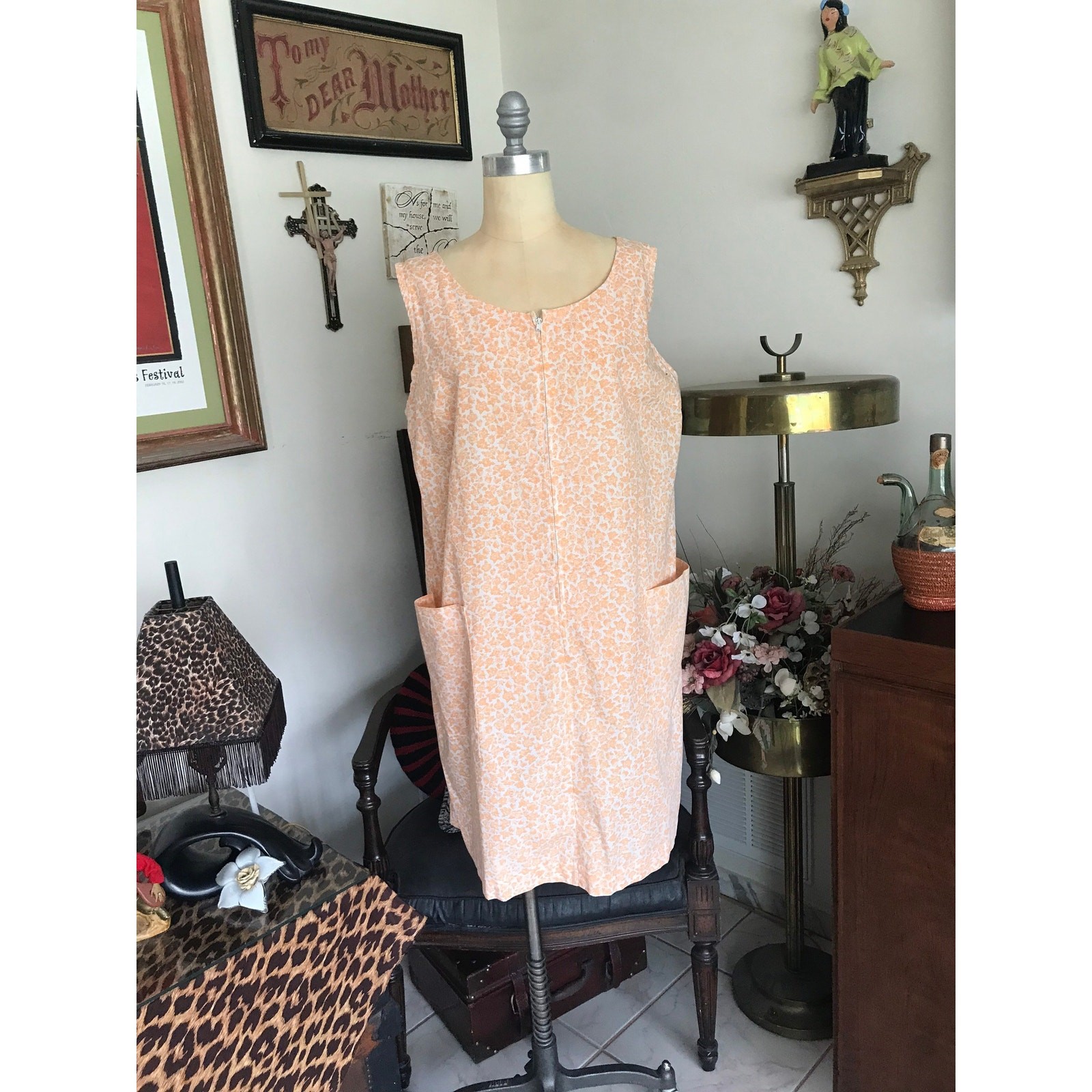 1970s Skimma Tangerine Creamsicle Floral House Dress Orange Metal Zipper