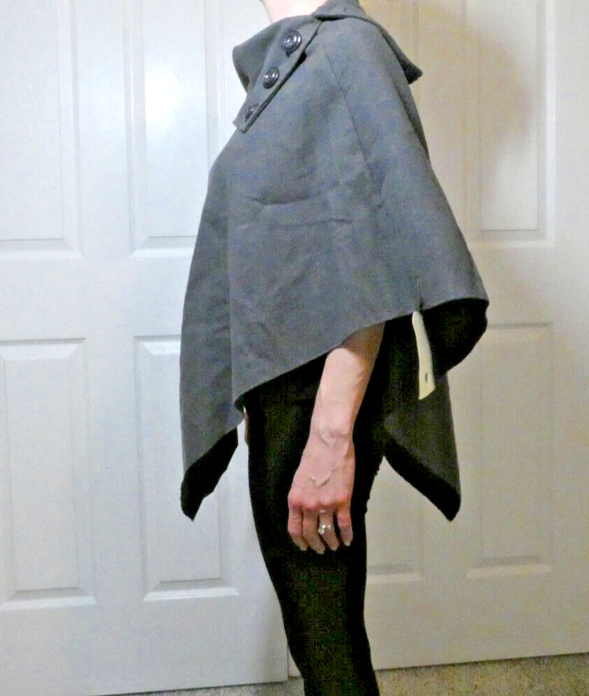 Gray Wool Felt Cape OS Vintage Poncho High Buttoned Collar British Mod GoGo NWT