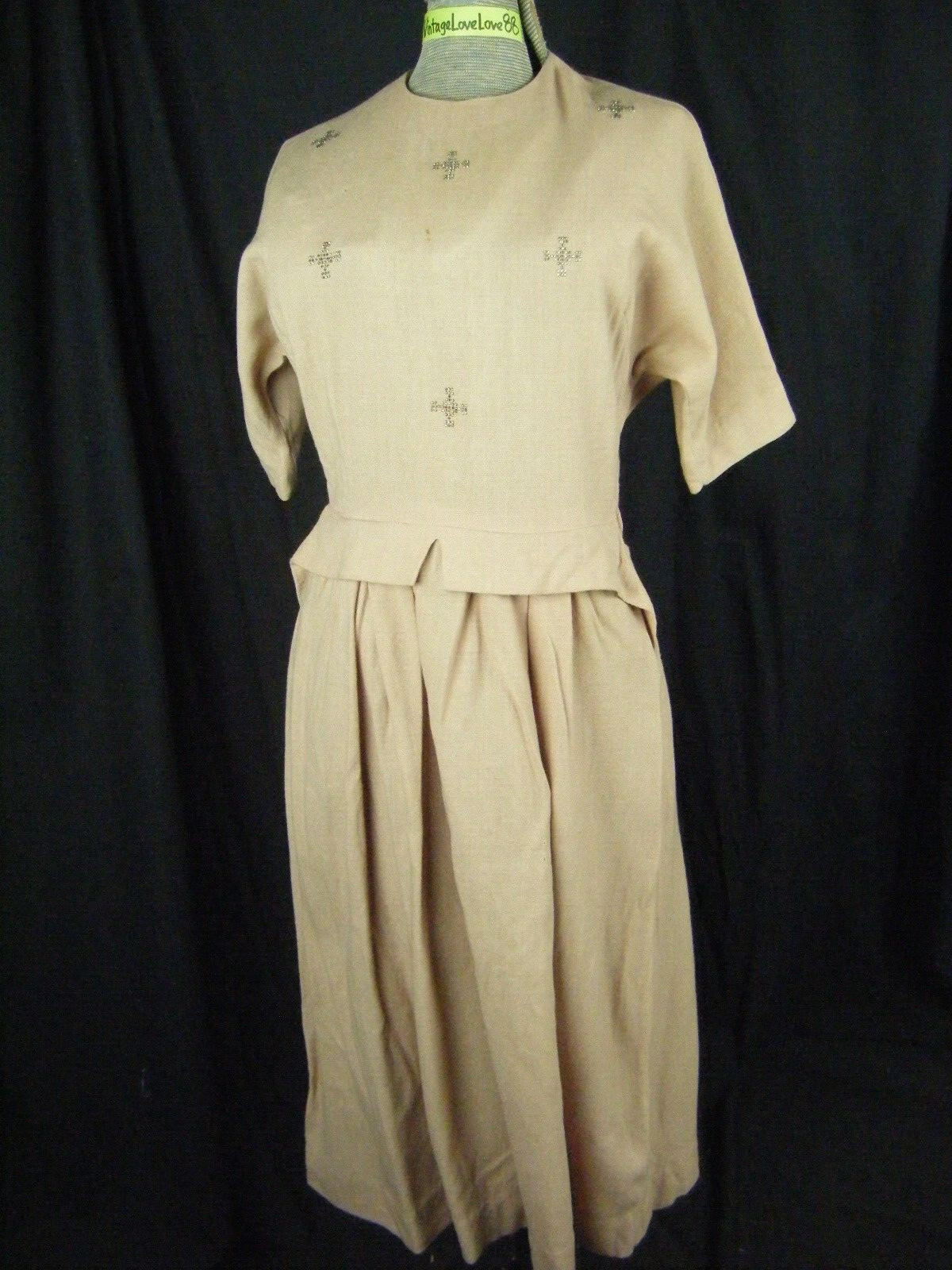 A MINX MODES JR Vtg 50s Pale Pink Wool Rhinestones Dress-Bust 34/2XS-XS,AS-IS