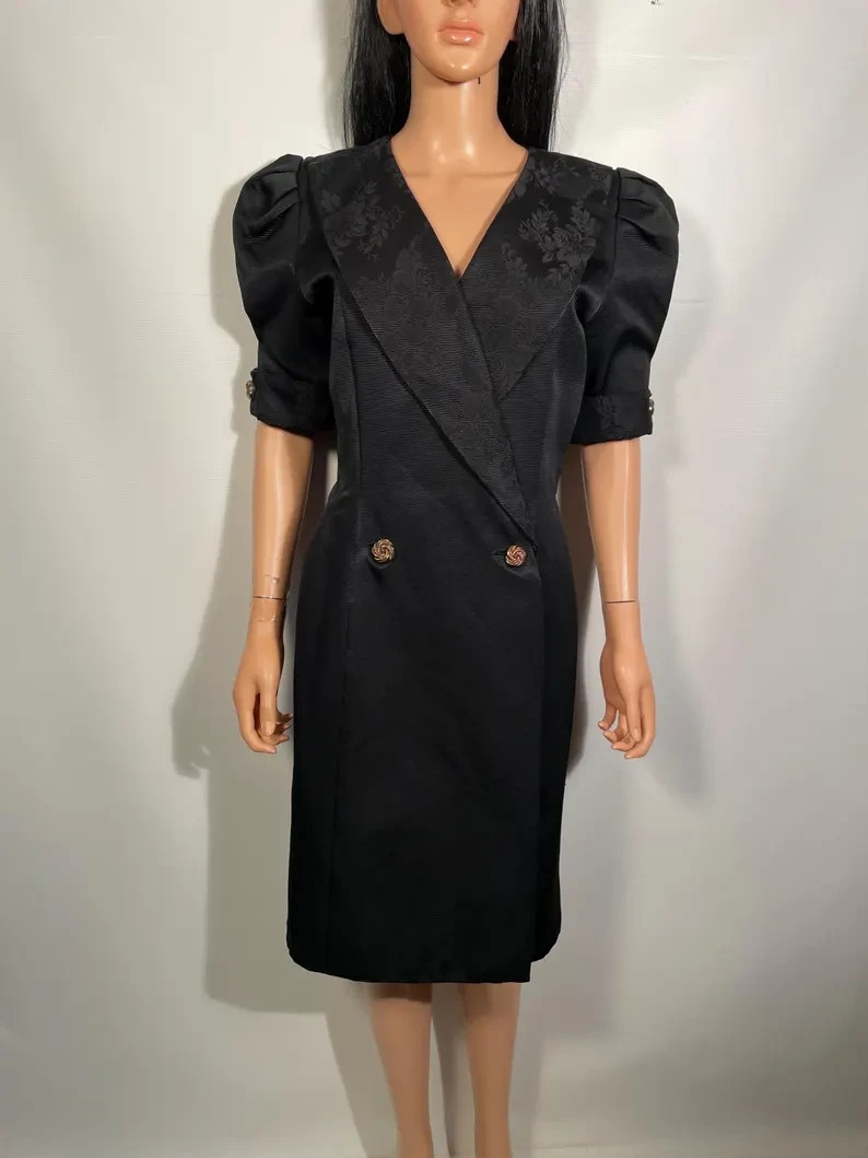 Vintage 1980s Black Taffeta Tuxedo Dress With Floral Brocade Collar Size S/M